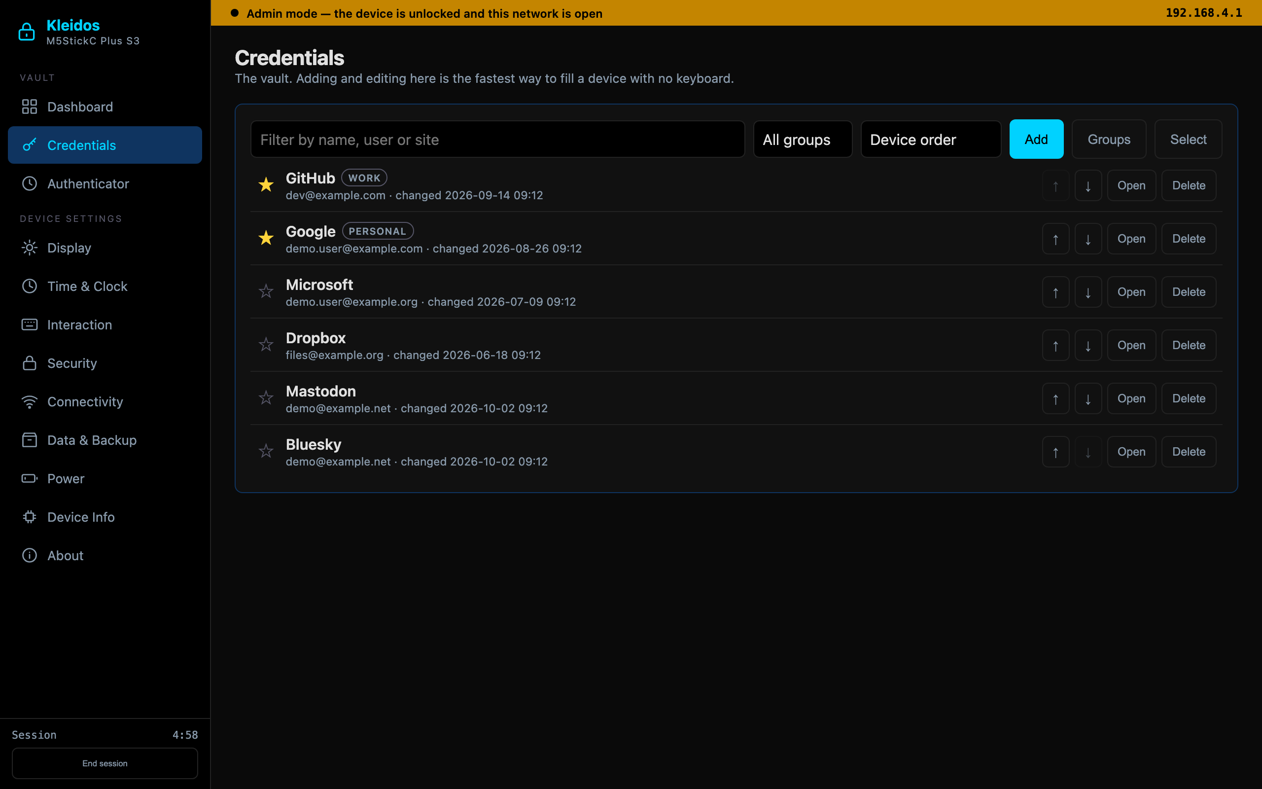 The Kleidos admin panel in a desktop browser, listing the six demo entries of the vault with the account and the date each one last changed.
