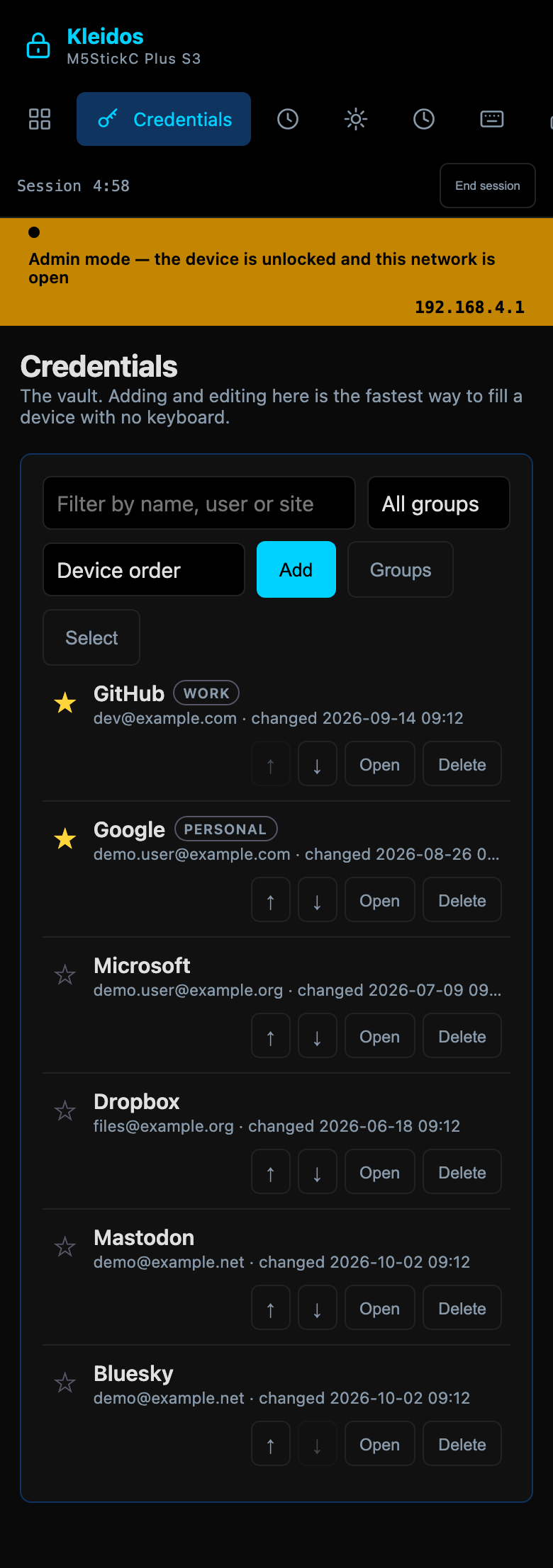 The same vault list in the admin panel on a phone, with the sidebar folded into a row of icons above the list.
